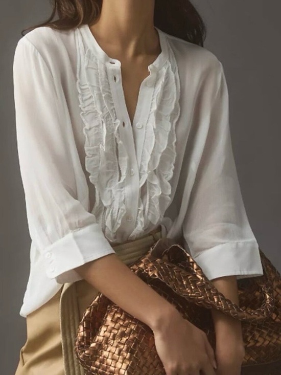 Maeve Tops - Anthropologie Maeve White Ruffle Blouse Mandarin Collar